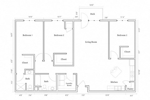 Floor plan for 3 beds, 2 baths, 1537 sqft